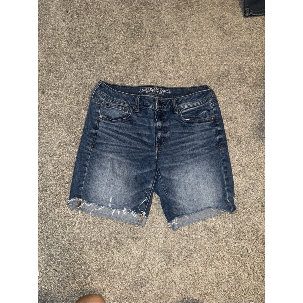 Y2K Western AE Cuffed Denim Shorts Whiskering Women's 8 Stretch Bermuda